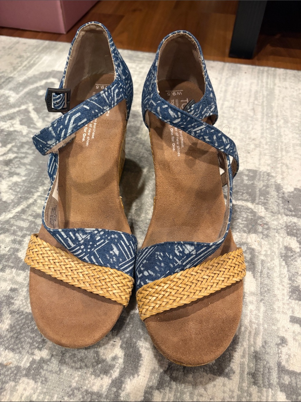 Toms Blue Patterned Wedge Sandals with Braided Tan Accent